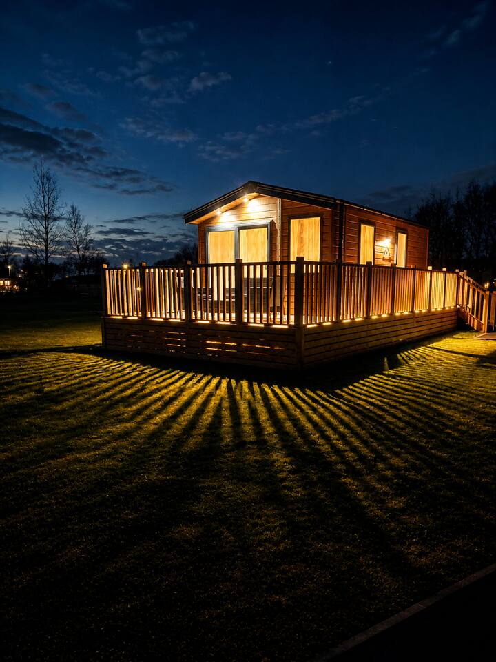 The Sahara — lodge with lit decking at dusk, South Lakeland Leisure Village